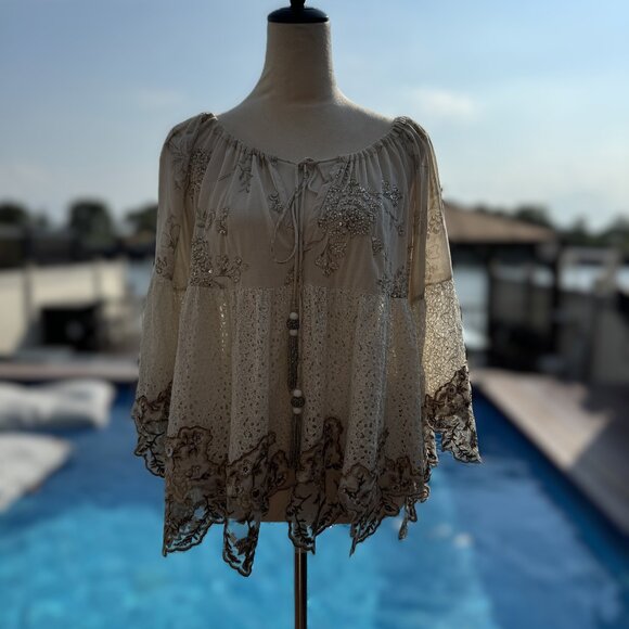 Nikki Danielle Boho Embordered Top Beige, Size Fits All - Picture 1 of 17